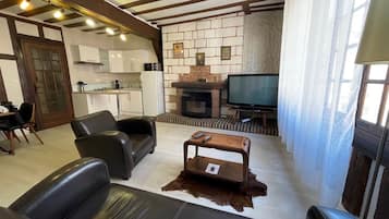 Télévision, cheminée, livres