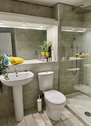 Appartement Confort | Salle de bain | Douche, articles de toilette gratuits, serviettes fournies, savon