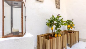 A rustic lantern and two wooden planters with lemons against a white wall. - Corte Tiso (Lecce)