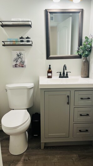 A bathroom with a toilet, a sink with a mirror above it, a cabinet with drawers, and a shelf with toiletries.