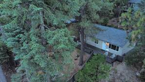 Una casa envoltada de bosc dens, amb una terrassa visible i un petit porxo.