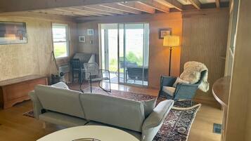 Fireplace, books, stereo
