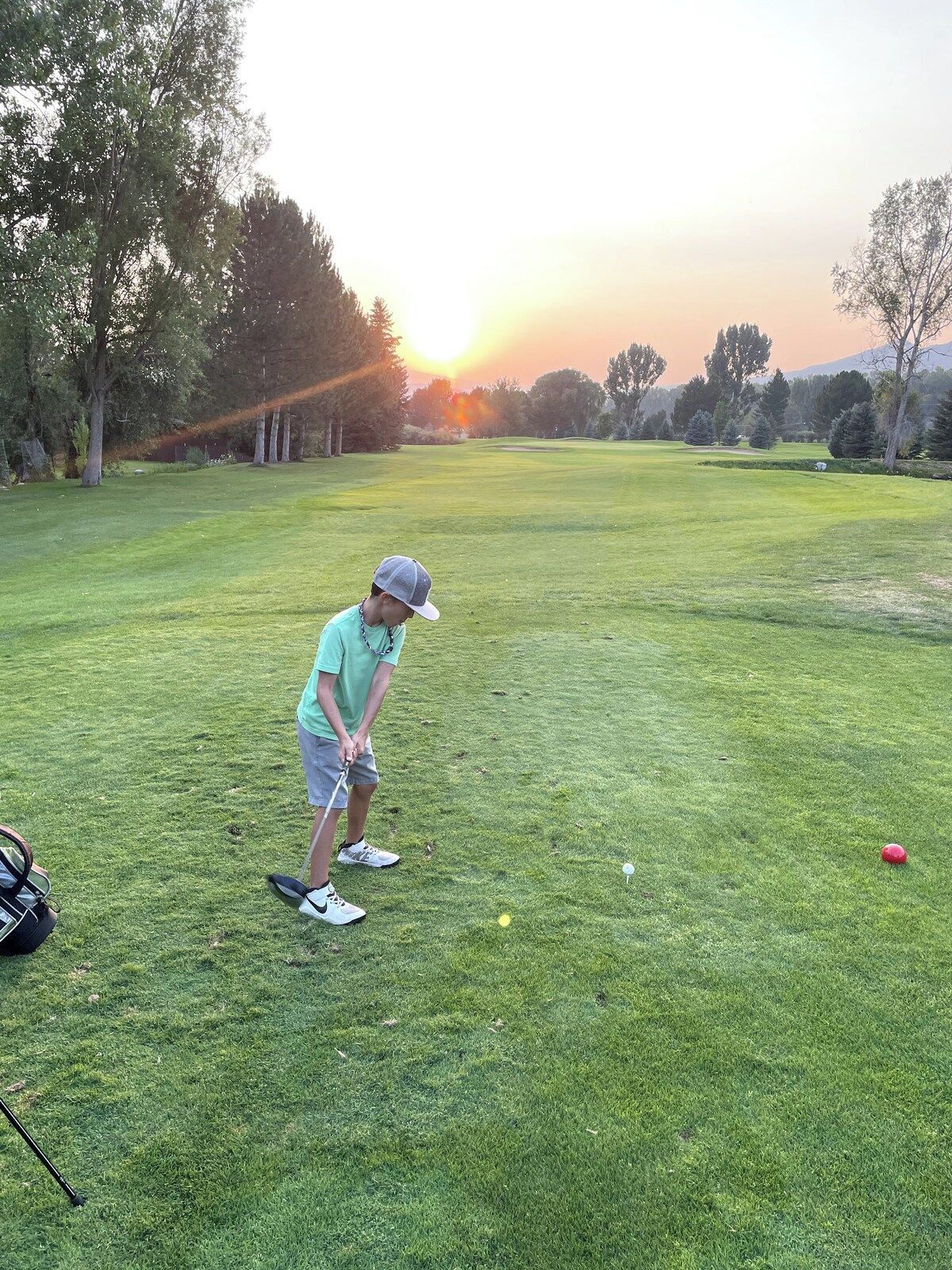 A person playing golf on a well-maintained course with trees and a clear sky.