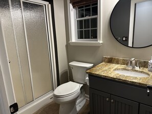 A bathroom with a toilet, a sink, and a shower. -  Spectacular Lakefront Home- sleeps 20 ~ Hot Tub - Walk To Restaurants! (Lake Harmony)