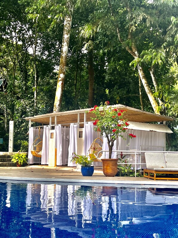 Un espace piscine doté d’un coin salon abrité, d’un fauteuil suspendu et de plantes en pot.