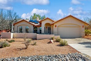 Exterior - Dog-friendly home with garden patio, fireplace, & views of red rock cliffs (Sedona)