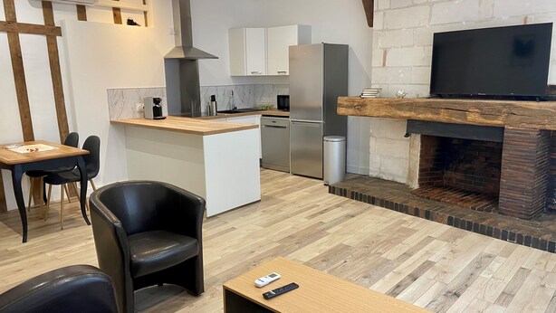 Una sala de estar moderna con chimenea, un comedor y una cocina con horno y refrigerador integrados.