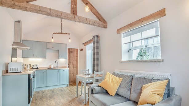 A modern kitchen with light blue cabinets, a wooden ceiling, and a dining area with a grey sofa and yellow cushions. - 1 bedroom accommodation in Chelmorton (Chelmorton)