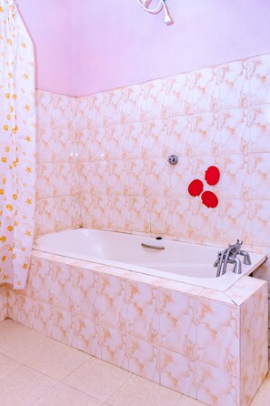 Combined shower/bathtub, hair dryer, towels, soap