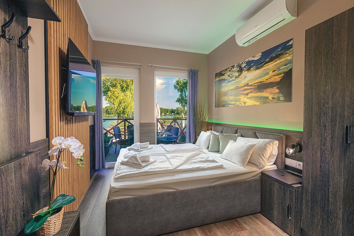 A bedroom with a bed, a TV, a painting, and a view of the outdoors.