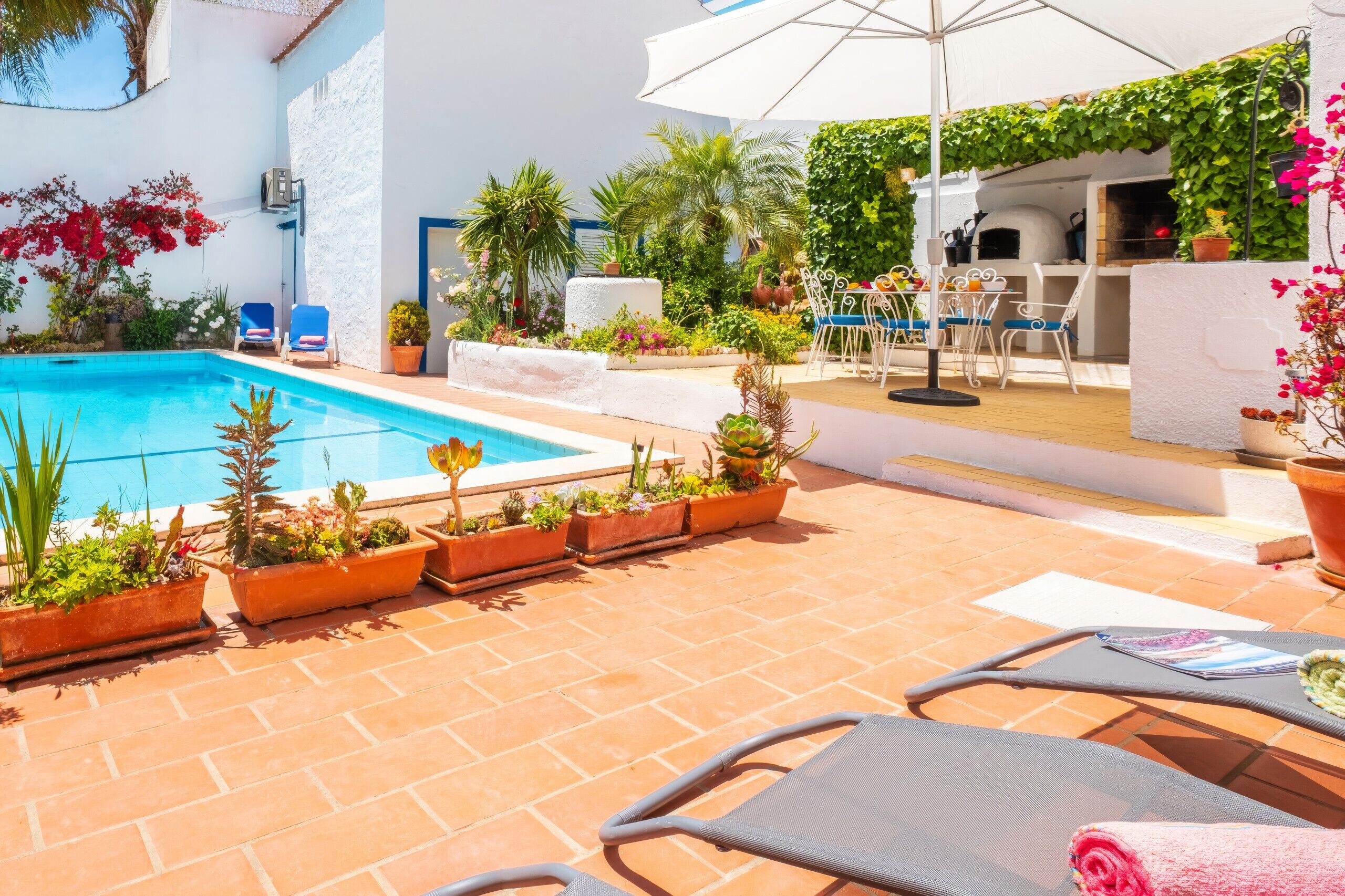 Un espace aménagé au bord de la piscine, comprenant une piscine, des chaises longues et des plantes en pot.