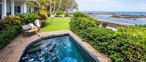 A swimming pool with a view of the ocean, surrounded by lush greenery and a well-maintained lawn.