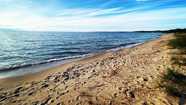 A beach with footprints and sparse vegetation, a clear sky, and calm water. - Summer Getaway - 3 min walk to Beach, Clean & Cozy (Tiny)