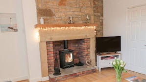 A cozy living room with a stone fireplace, a television on a wooden stand, and a vase of flowers on a wooden table. - Redshank (Morpeth)