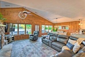 TV, fireplace - Boat Dock & Backyard: 'Rock River Retreat' (Edgerton)