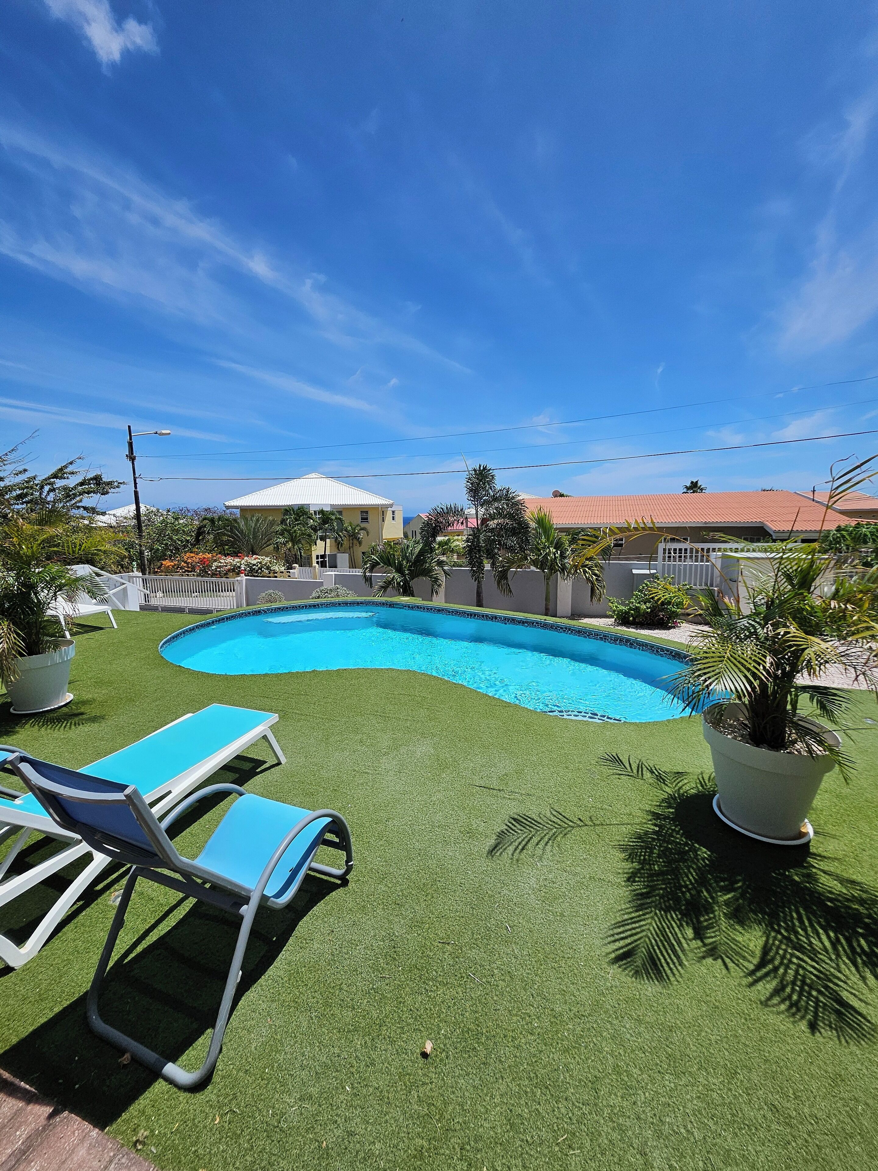 A swimming pool with artificial grass and lounge chairs, surrounded by potted plants and a clear blue sky.