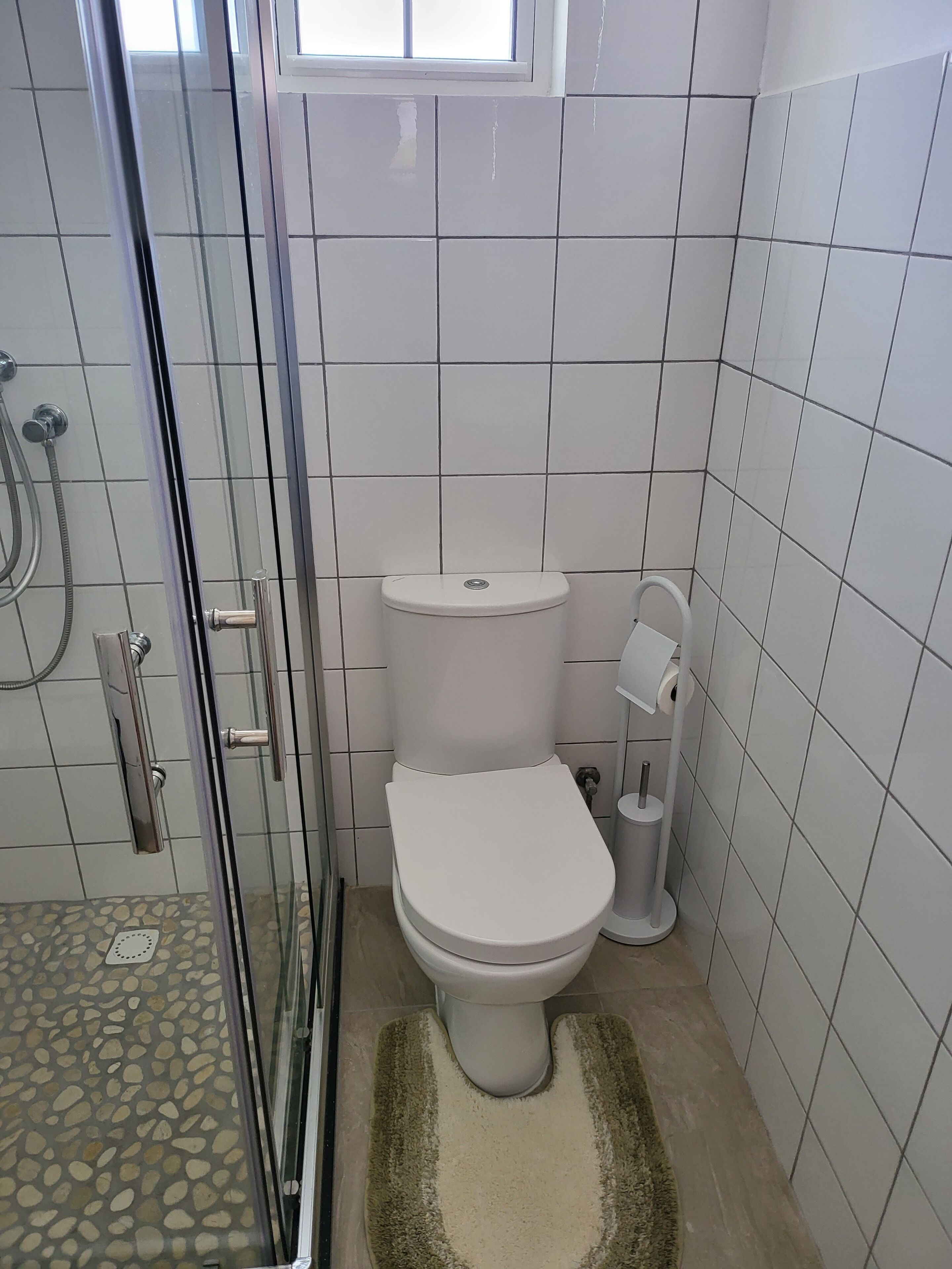 A bathroom with a glass shower enclosure, a toilet, and a bidet.