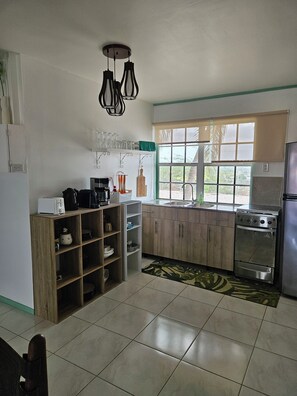Fridge, oven, stovetop, coffee/tea maker