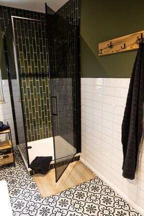 Shower, hair dryer, toilet paper