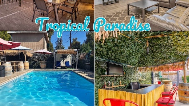 A tropical paradise with a pool, outdoor dining, a cozy living area, and a bar.
