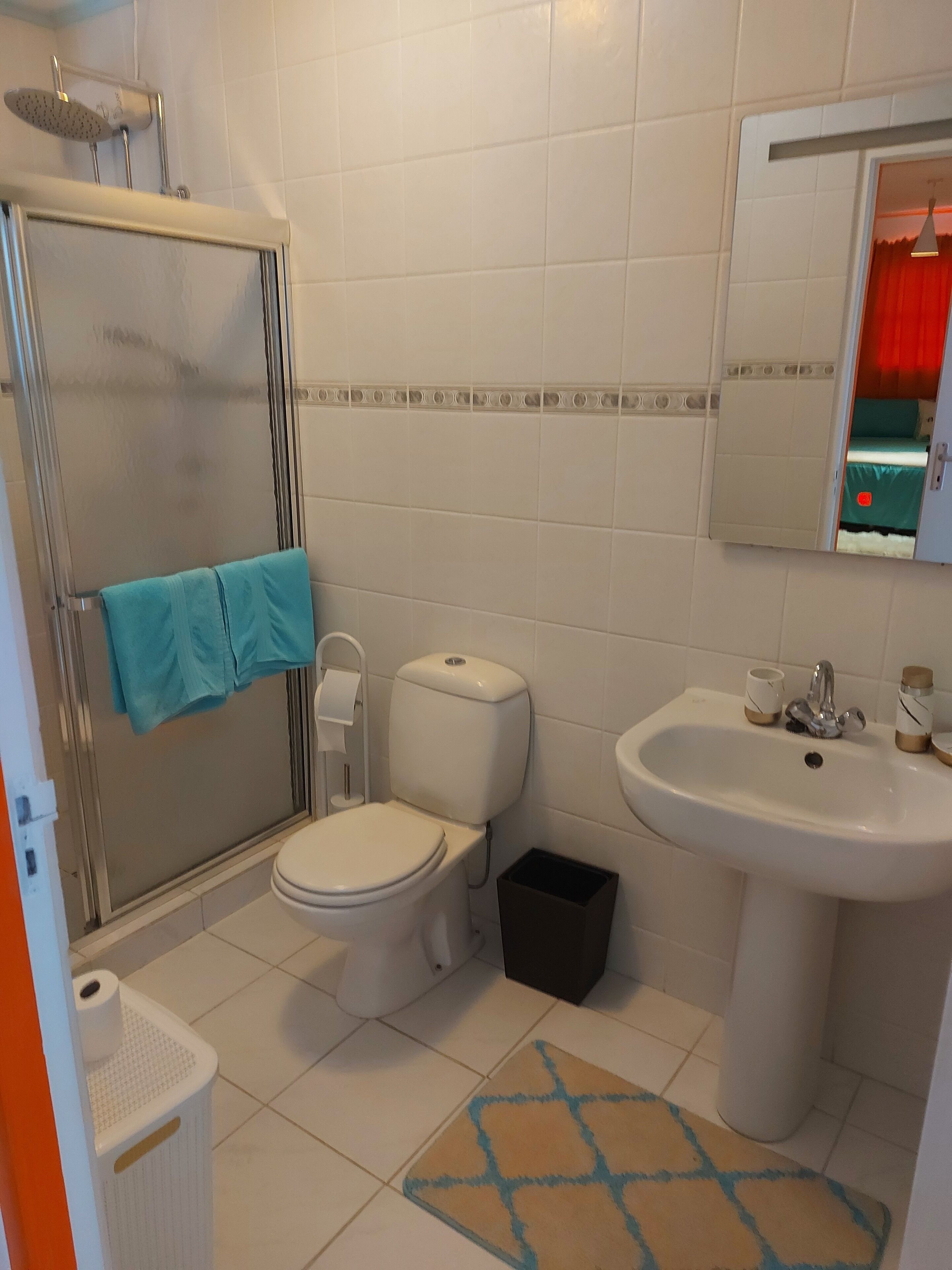 A bathroom with a shower, toilet, sink, and a small trash bin.