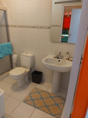 Une salle de bain avec des toilettes, un lavabo et une petite poubelle.