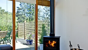A wood-burning stove, a bench, a potted plant, and a view of the outdoors through a glass door.