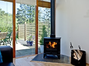 A wood-burning stove, a bench, a potted plant, and a view of the outdoors through a glass door. - 2 bedroom accommodation in Umberleigh (Umberleigh)