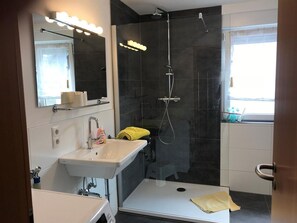 Hair dryer, towels, soap, toilet paper