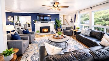 Smart TV, fireplace, DVD player, foosball