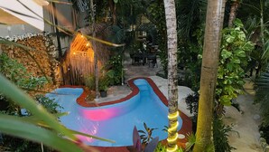 Una piscina de forma singular, rodeada de exuberante vegetación y una estructura de techo de paja con luces.