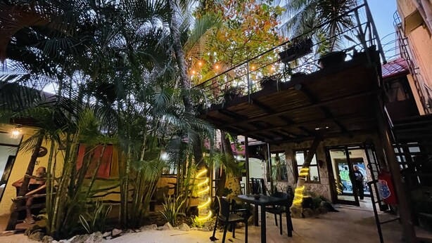 Un espacio al aire libre con mesas y sillas, rodeado de plantas tropicales y una pérgola de madera.