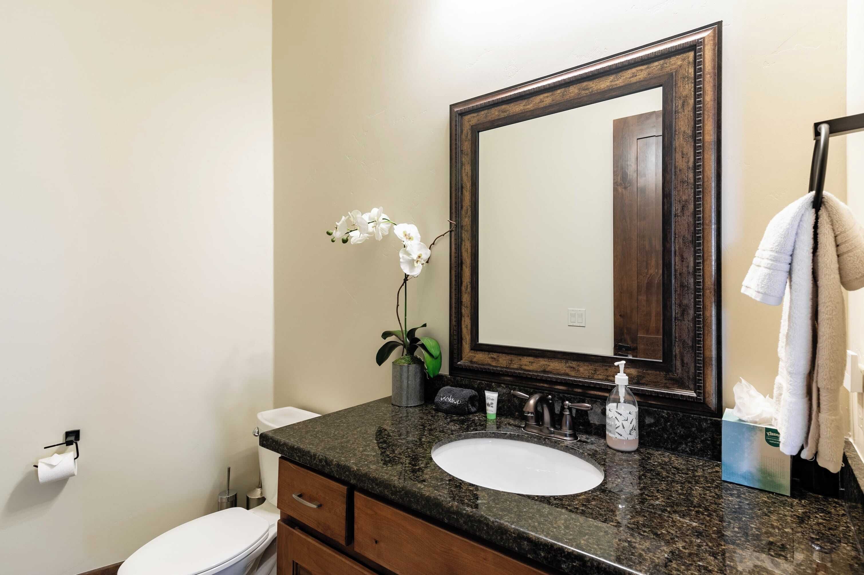 A bathroom with a white sink, a large mirror, a toilet, and a towel rack.