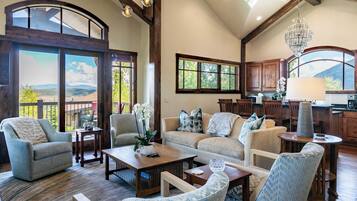 55-inch TV with digital channels, fireplace