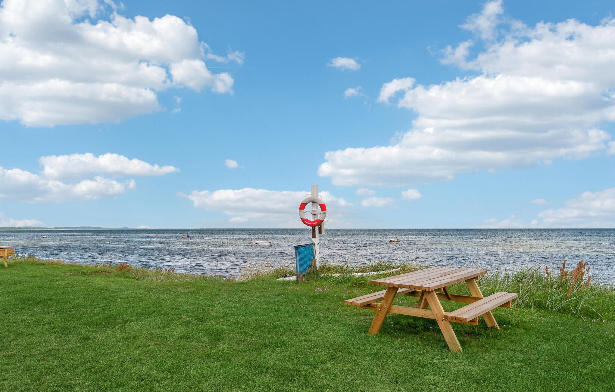 Una mesa de picnic y un flotador junto al agua.