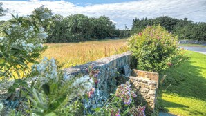 Un muro di pietra con piante fiorite, un prato erboso e alberi sullo sfondo.