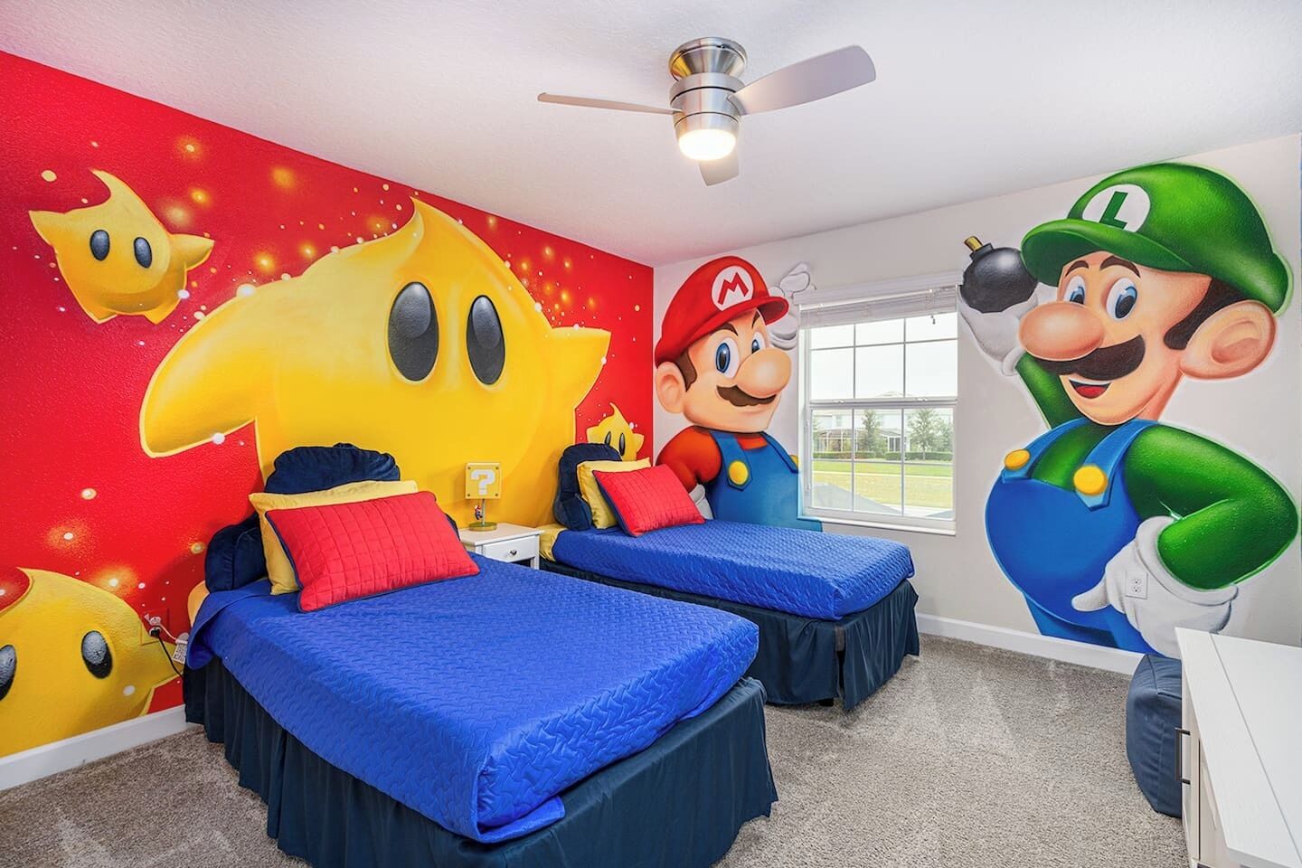 This upstairs room has two twin beds and a Nintendo Switch OLED for you to play the newest and retro Nintendo games. Please feel free to log in to your account for access to your own games and game shop.