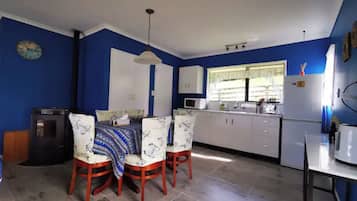 Fridge, microwave, electric kettle, toaster