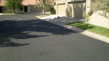A residential street with houses, a clear driveway, and a well-maintained lawn.