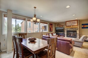 TV, fireplace, music library, video library