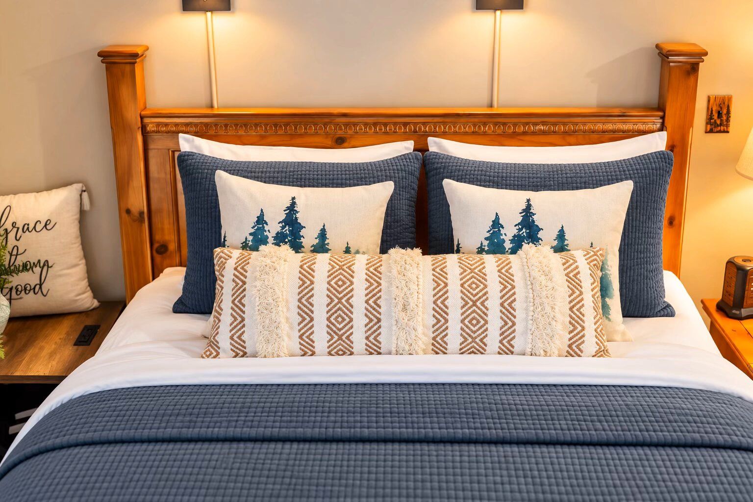 Een bed met een houten hoofdbord, meerdere kussens en een nachtkastje met een lamp.