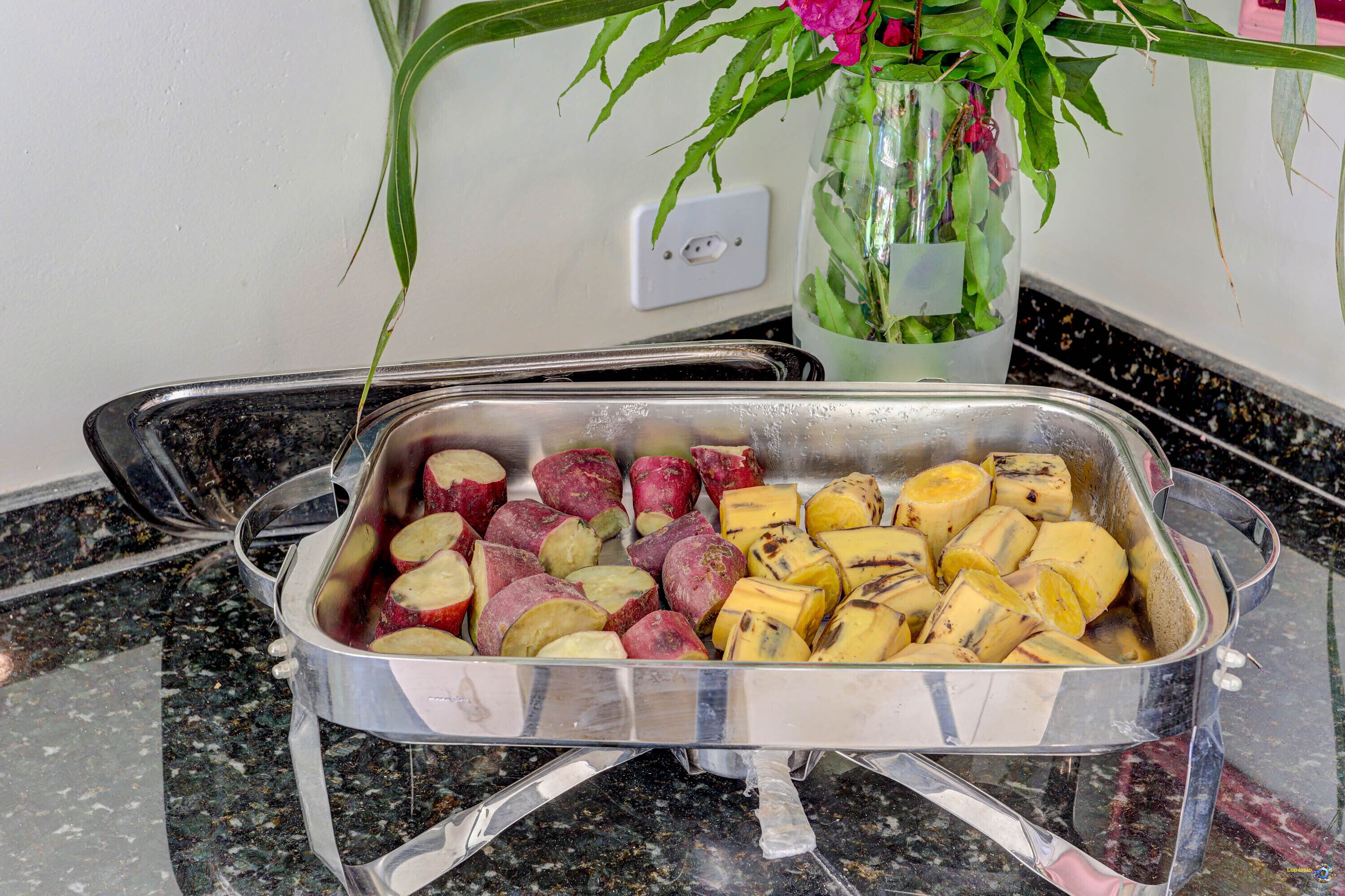 A kitchen counter with a metal tray containing sliced red and yellow fruits, a potted plant with pink flowers, and a power outlet.