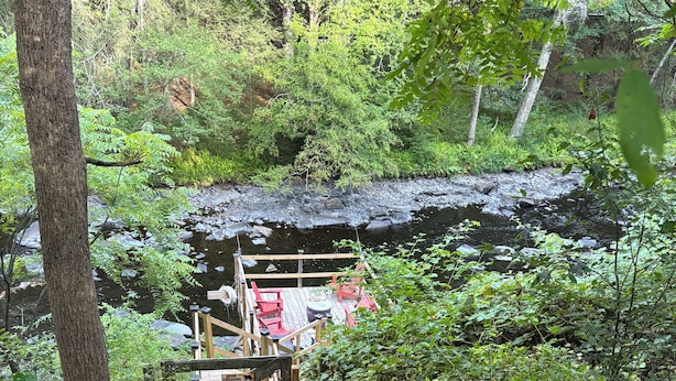 A wooden staircase leading to a wooden deck with red chairs and a table, surrounded by dense greenery and a rocky stream. - Rustic two bedroom cottage on riverside in Shohola PA (Shohola)