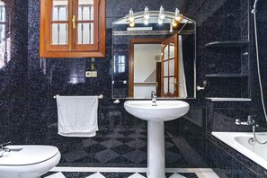 Bathtub, hair dryer, bidet, towels