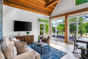 Smart TV, fireplace, books