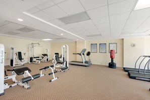 A gym with various exercise equipment, including treadmills, weight machines, and a punching bag.