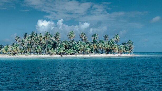 Una isla tropical con playa y palmeras.