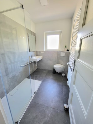 Banheira, secador de cabelo, toalhas de banho 