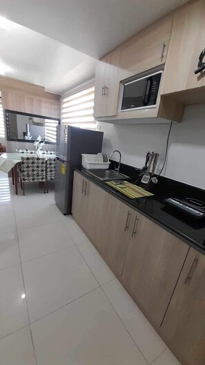 Réfrigérateur, micro-ondes, plaque de cuisson, bouilloire électrique