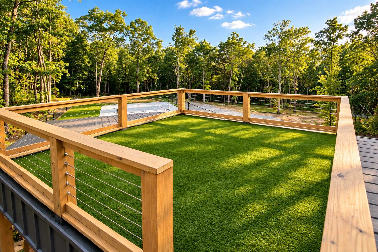 A wooden deck with a grassy area, surrounded by trees.